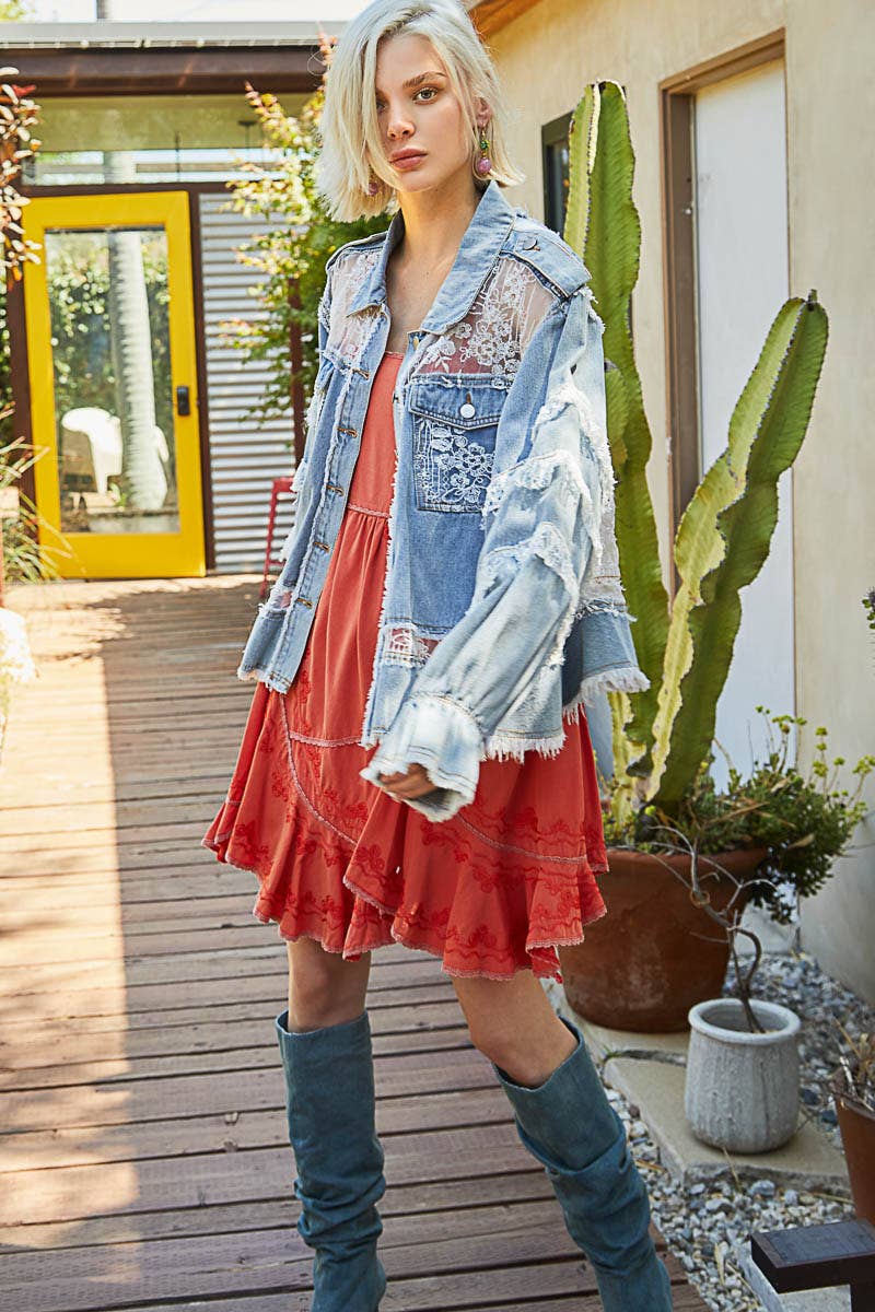 Floral Lace Ruffle Denim Jacket