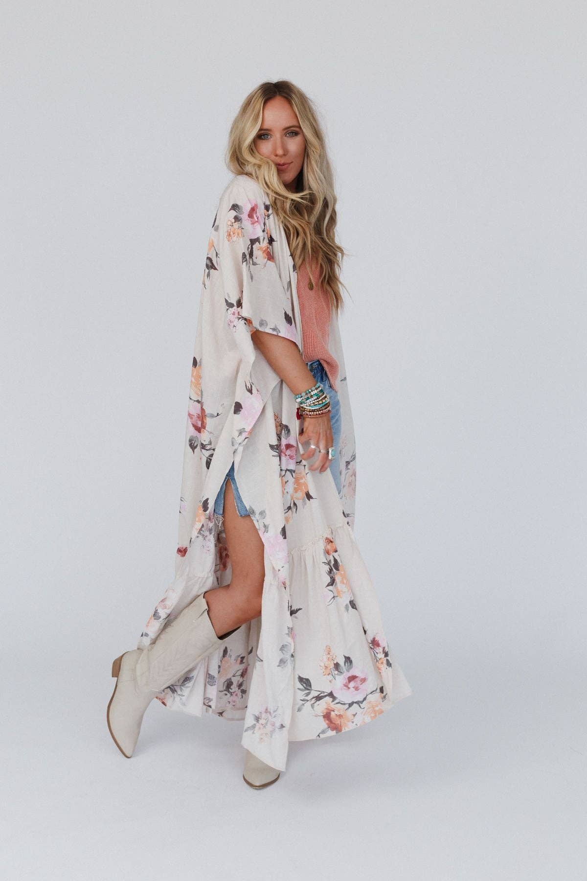 Tapestry Free Flow Duster Kimono - Ivory Floral