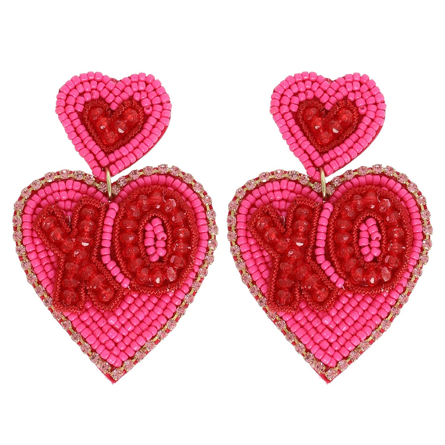 Valentine's Day Heart XO Beaded Earrings - Pink