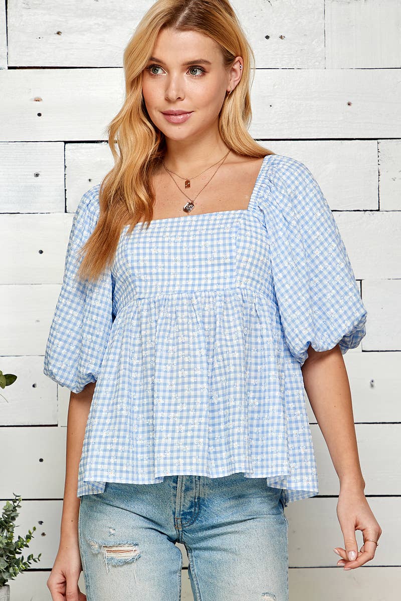 Daisy Print Gingham Open Back Babydoll Top