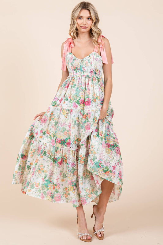 Floral Print Eyelet Maxi Dress