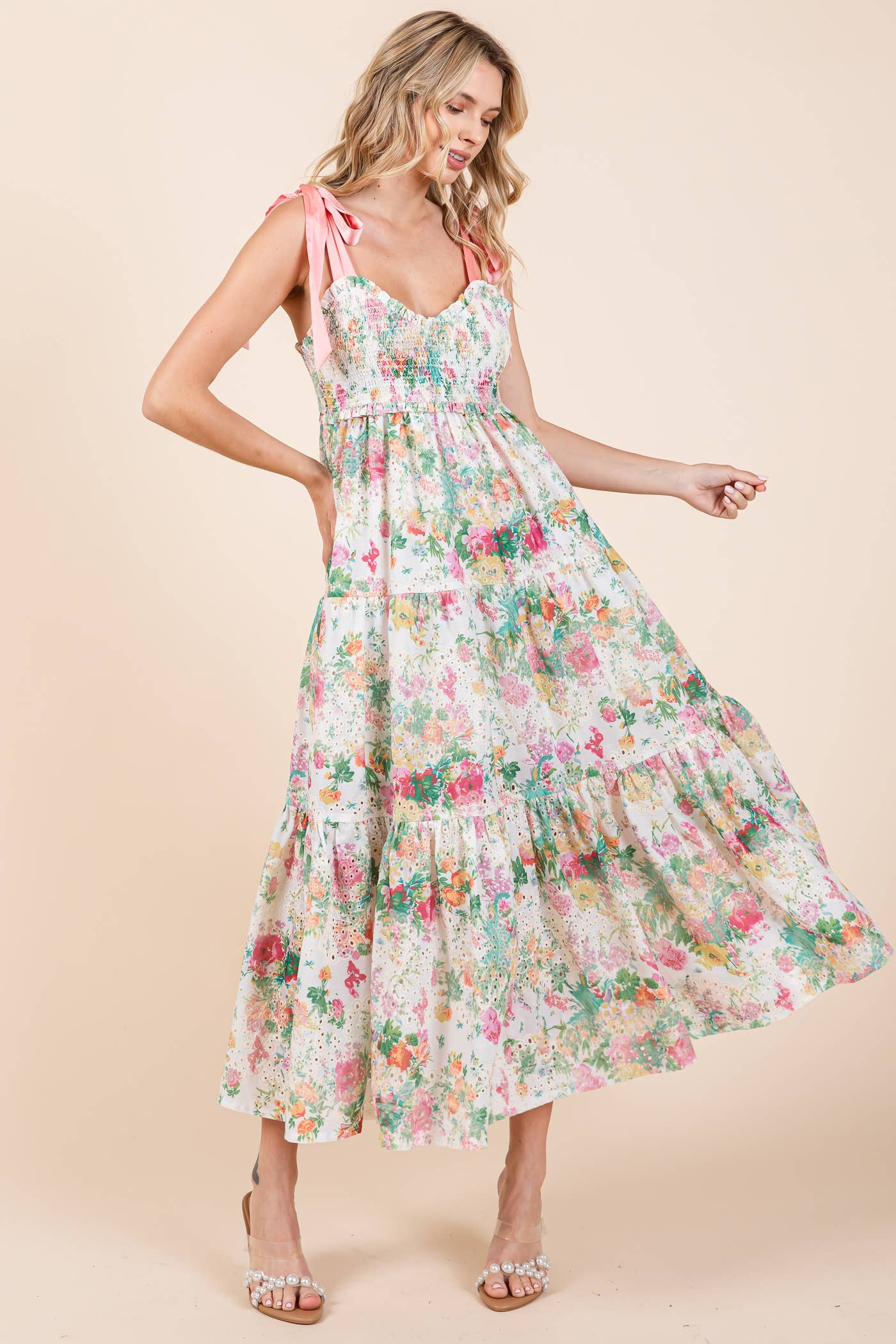 Floral Print Eyelet Maxi Dress