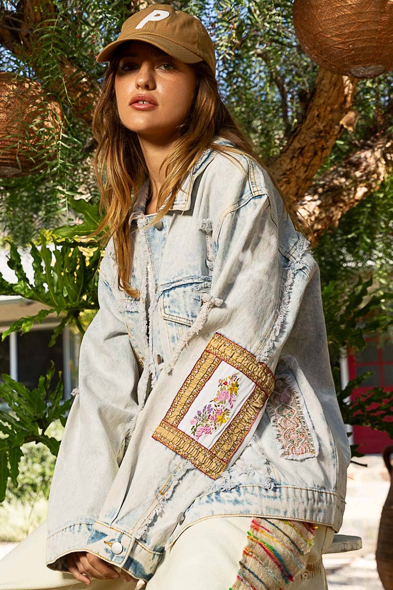 Distressed Patch Work Denim Shacket