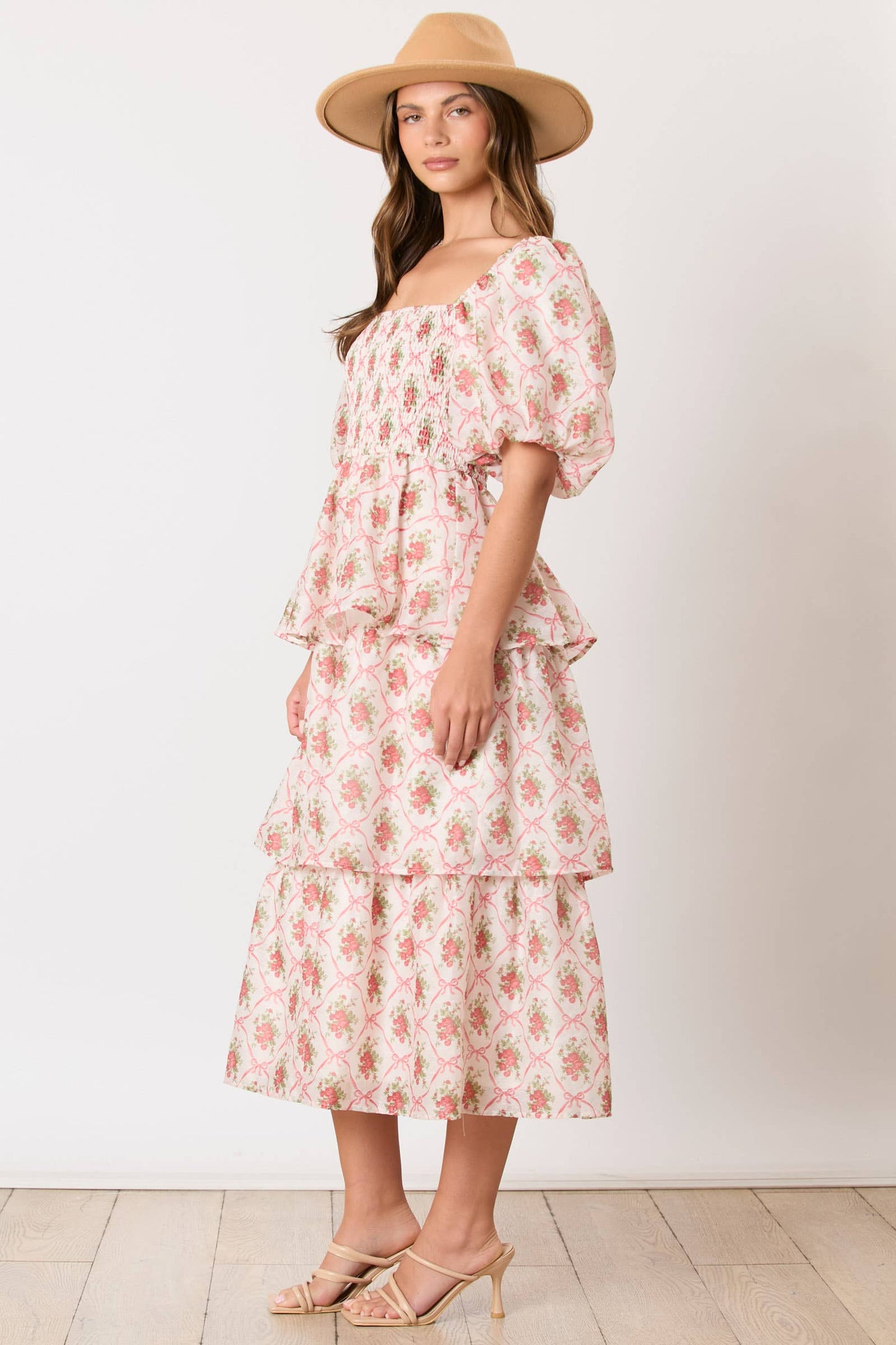 Bow & Rose Print Tiered Midi Dress