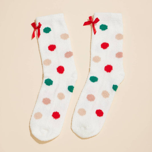 Fuzzy Christmas Polka Dot Bow Socks