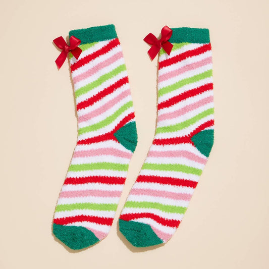 Fuzzy Christmas Bow Stripe Socks