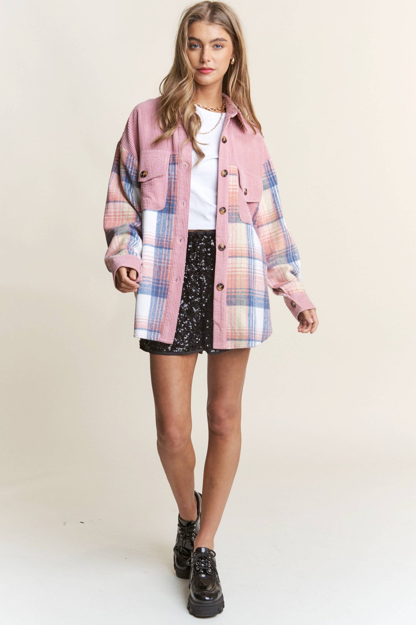 Corduroy Plaid Button Down Shacket