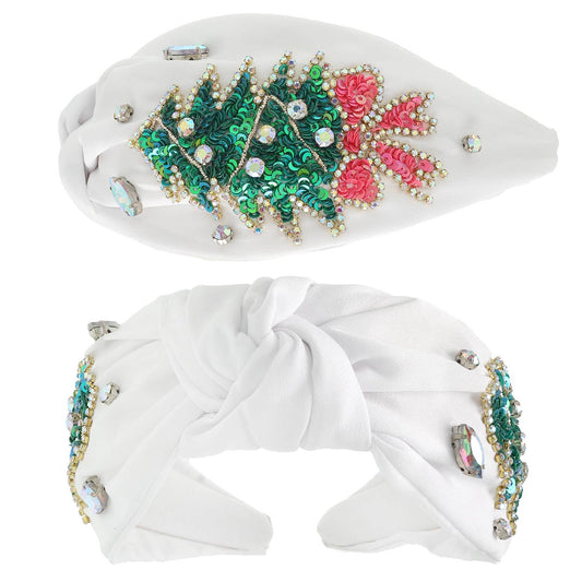 Christmas Tree Jeweled Knotted Headband - White