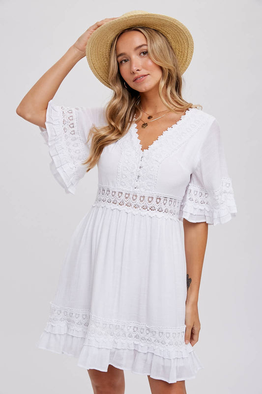 V-Neck Flutter Sleeve Ruffle Dress