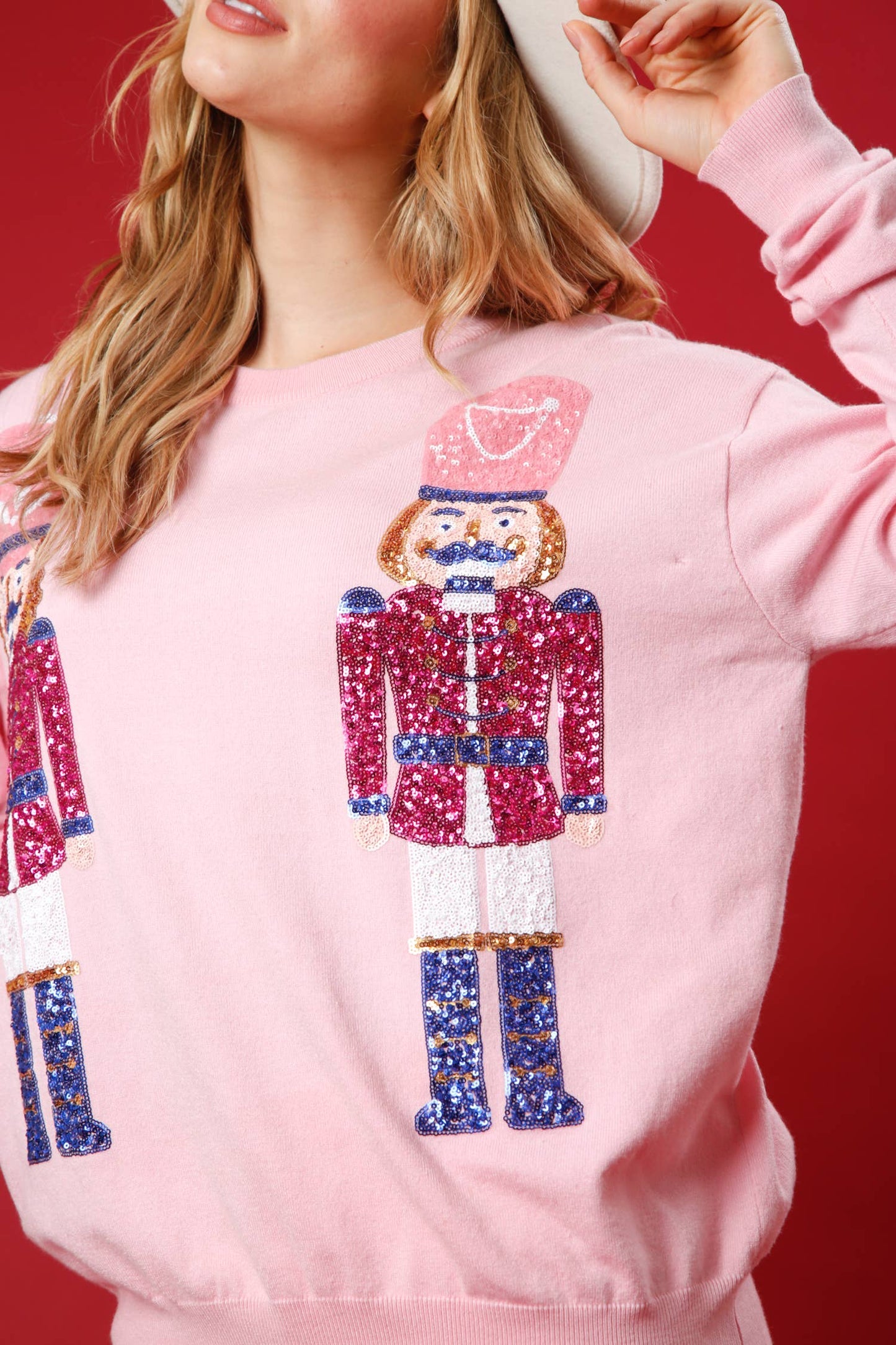 Pink Sequin Christmas Nutcracker Pullover Sweater