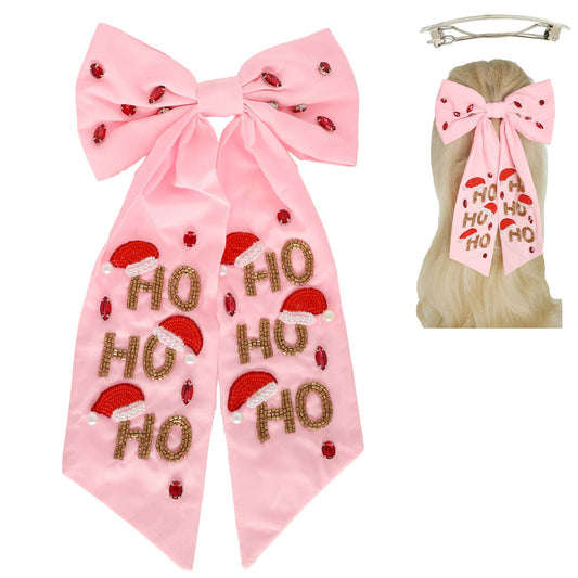 Christmas HO HO HO Jeweled Hair Bow - Pink