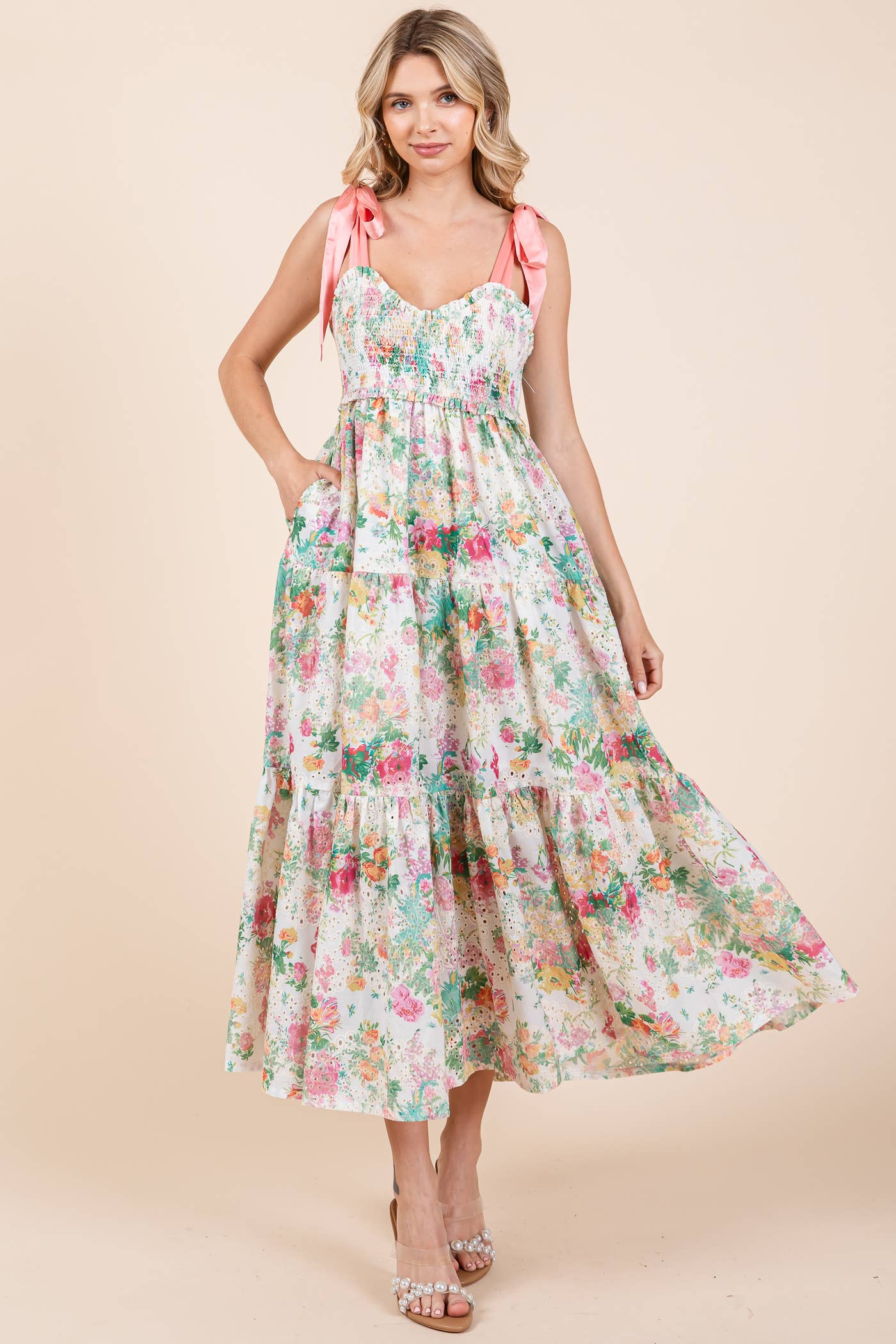 Floral Print Eyelet Maxi Dress