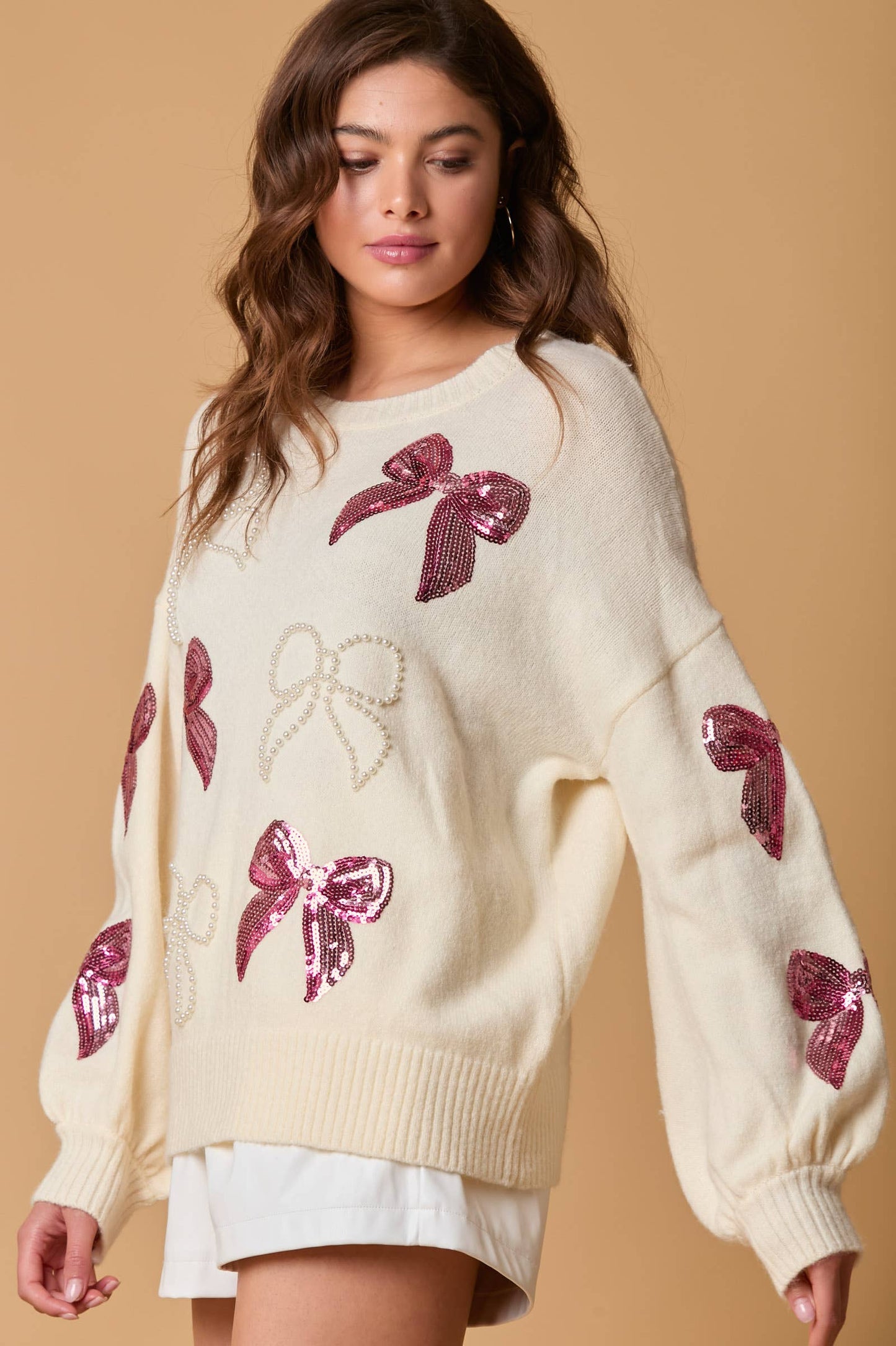 Pearl and Sequin Bow Pullover Sweatshirt