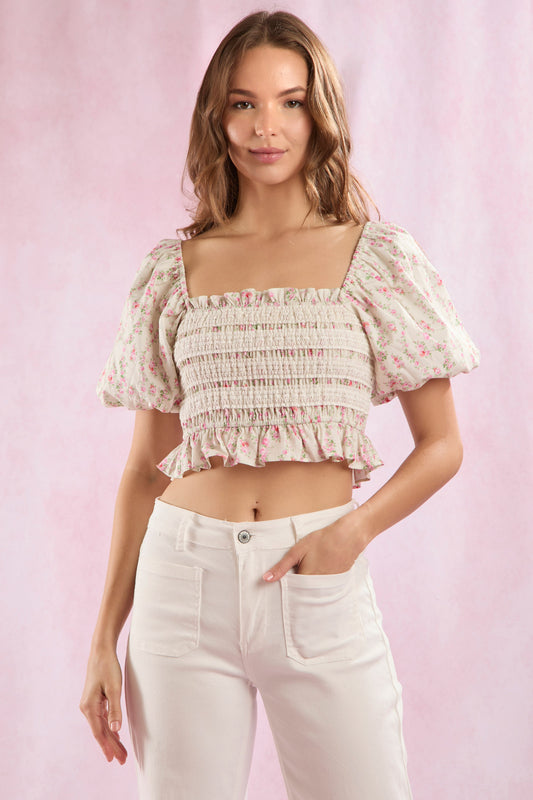 Floral Ruffle Puff Sleeve Crop Top