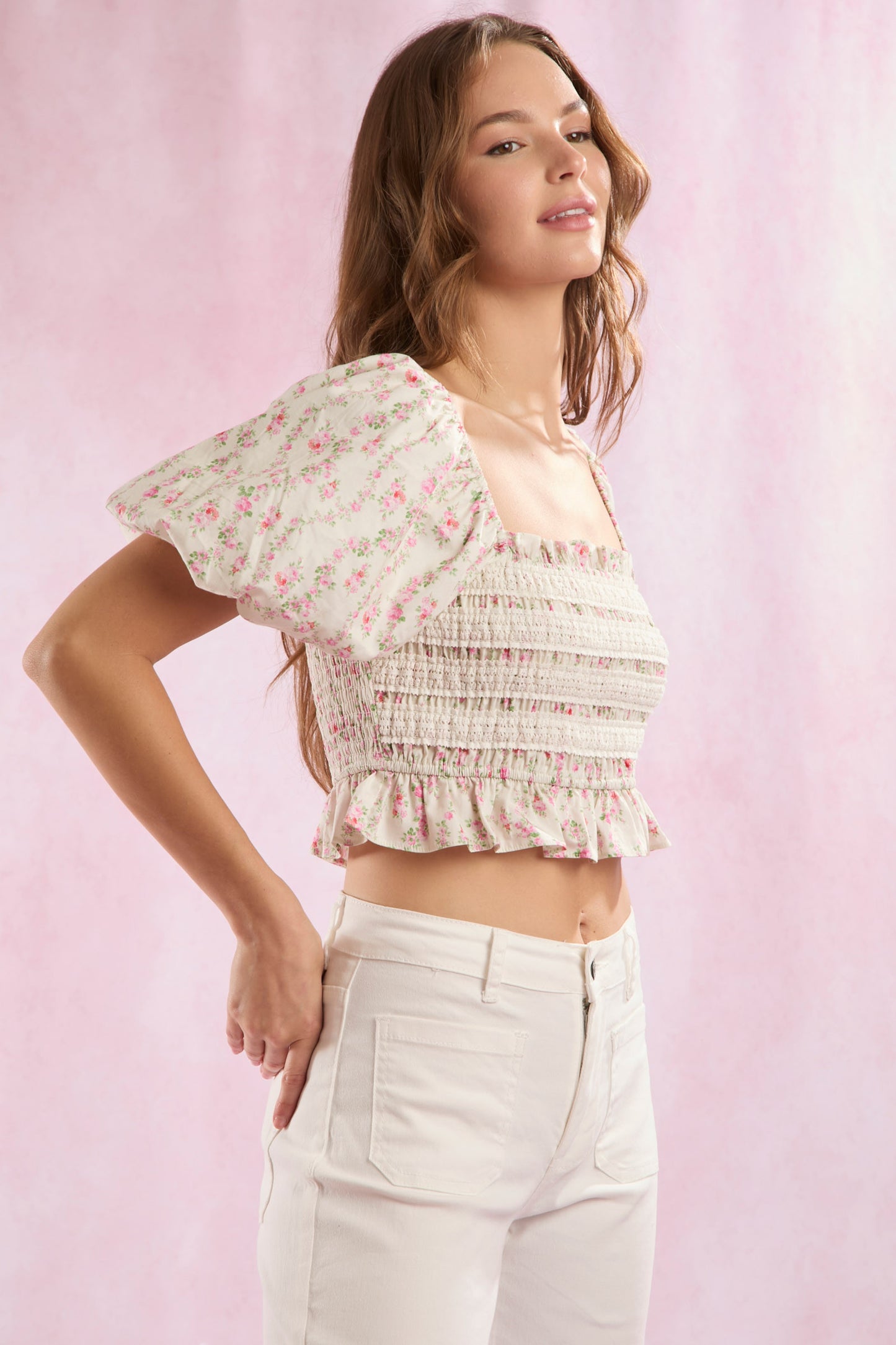 Floral Ruffle Puff Sleeve Crop Top