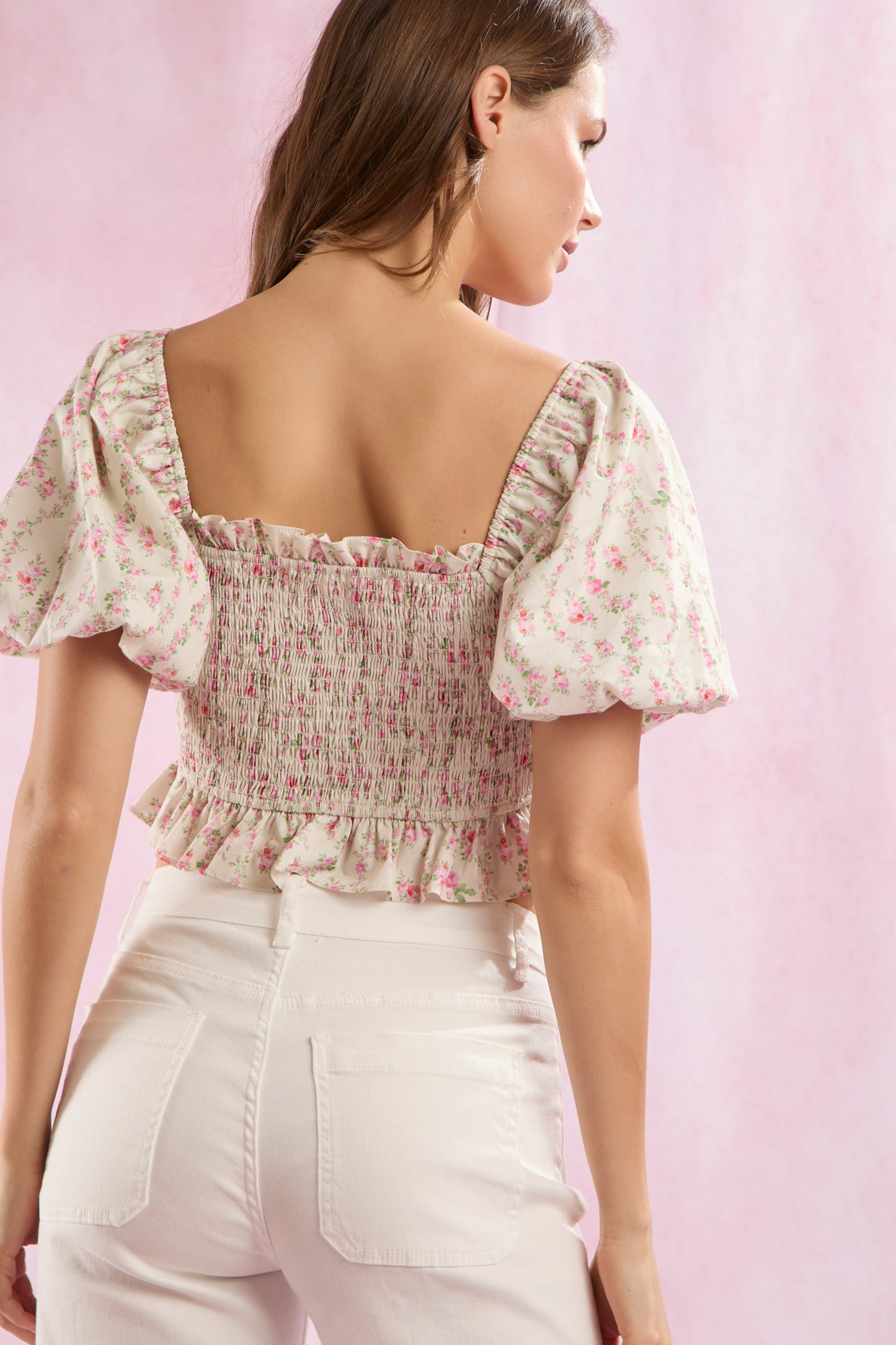 Floral Ruffle Puff Sleeve Crop Top