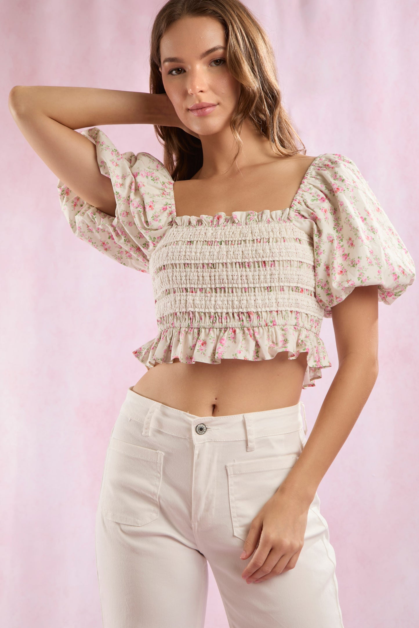 Floral Ruffle Puff Sleeve Crop Top