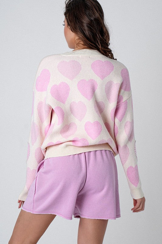 Valentine's Day Pearl Heart Embellished Sweater