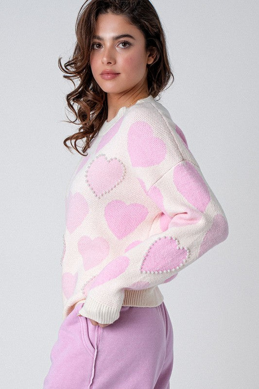 Valentine's Day Pearl Heart Embellished Sweater