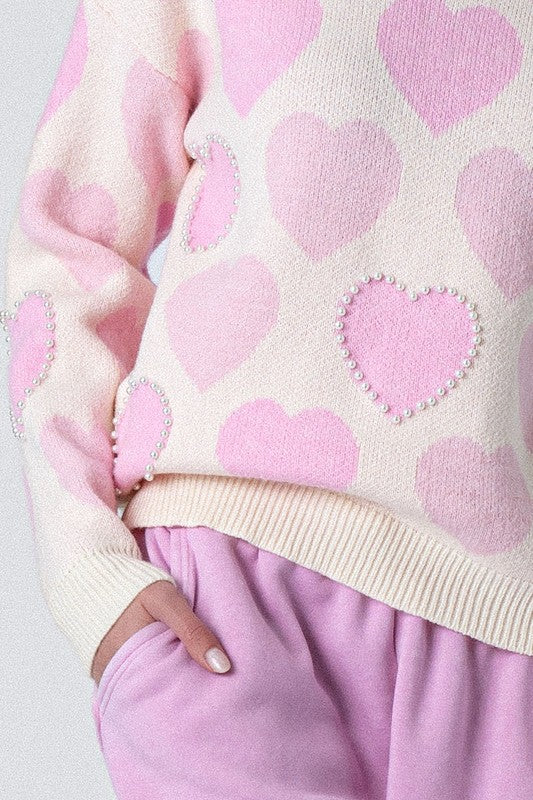 Valentine's Day Pearl Heart Embellished Sweater