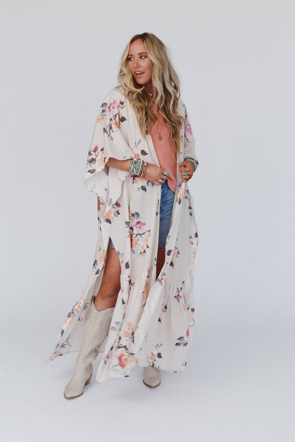 Tapestry Free Flow Duster Kimono - Ivory Floral